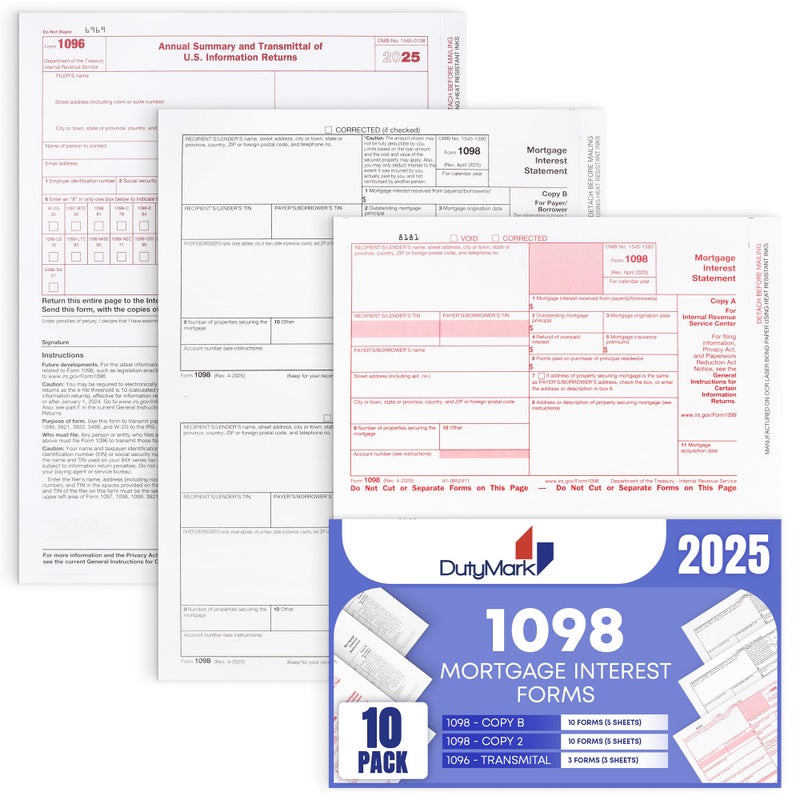 Dutymark 1098 Mortgage Interest Tax Form 2025, 2 Part Laser Federal Tax Forms kit with 1096 Transmittal Designed for QuickBooks and Accounting Software Pack of 10 - Image 1